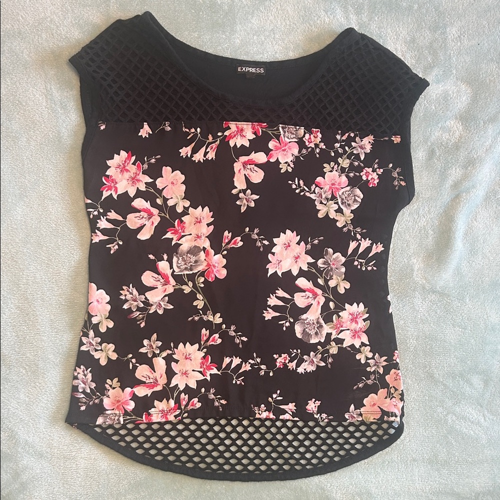 Express Floral Mesh Detail Top